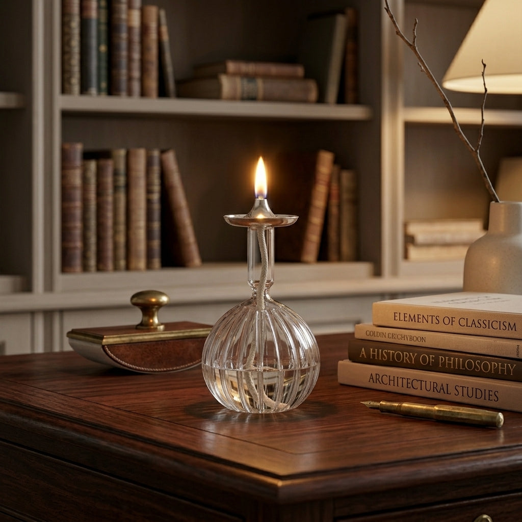 Ribbed Globe Glass Oil Lamp — Silver & Gold