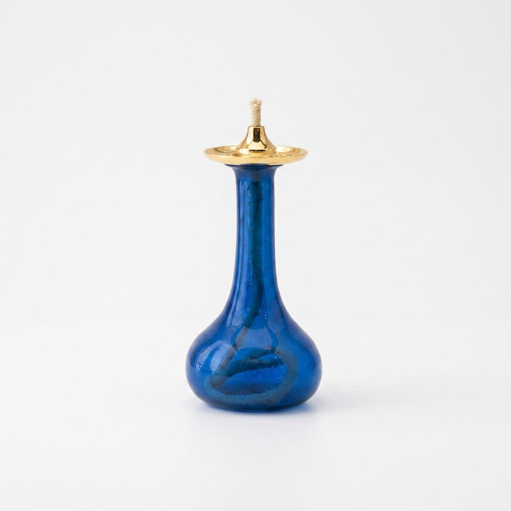 Cobalt Blue Long Neck Glass Oil Lamp — Silver & Gold