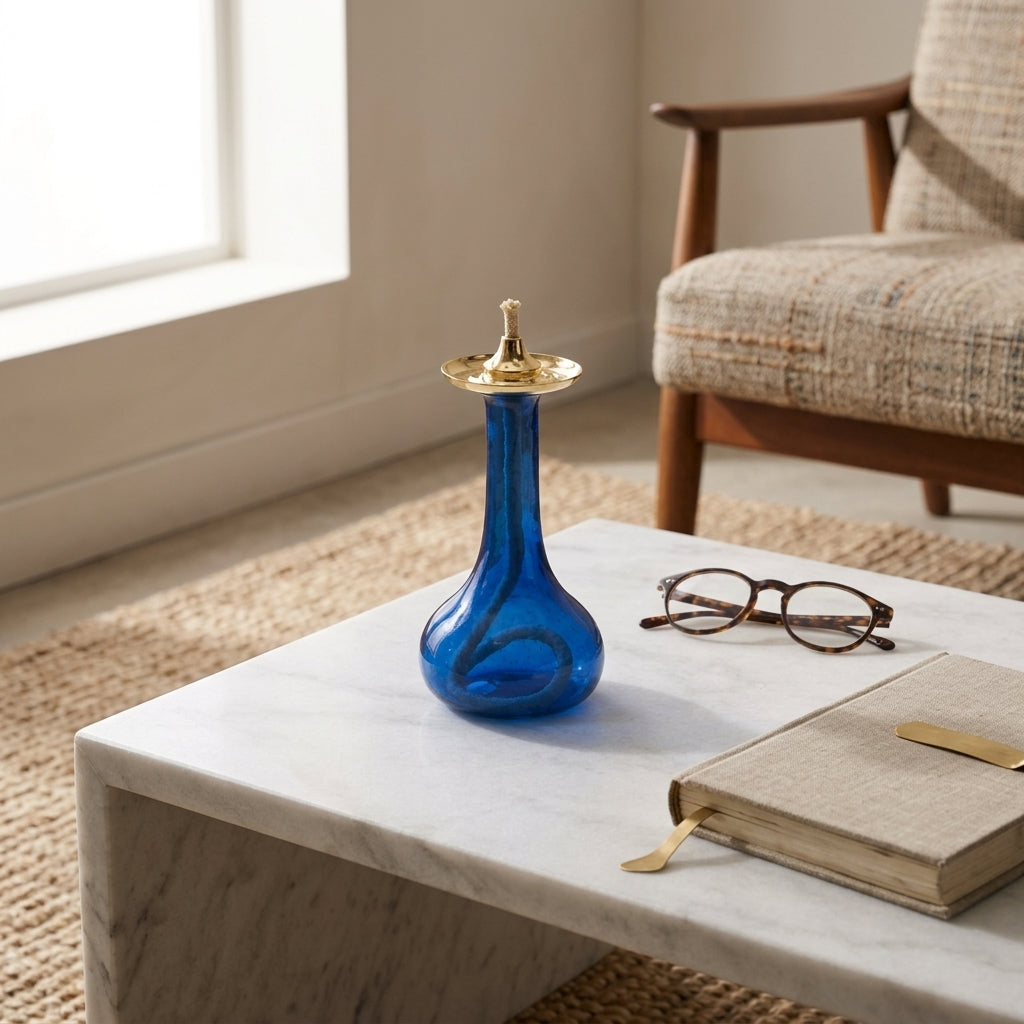 Cobalt Blue Long Neck Glass Oil Lamp — Silver & Gold