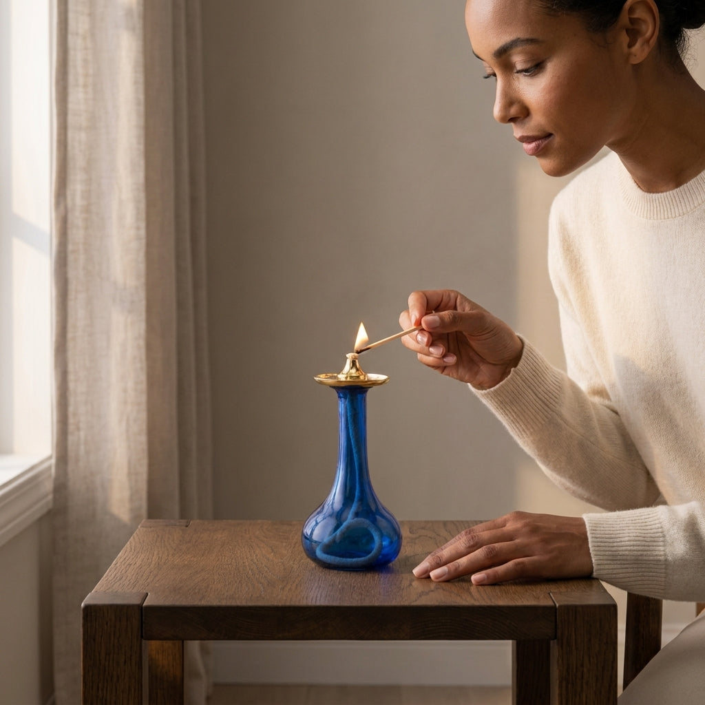 Cobalt Blue Long Neck Glass Oil Lamp — Silver & Gold