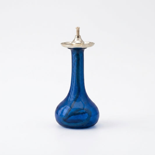 Cobalt Blue Long Neck Glass Oil Lamp — Silver & Gold