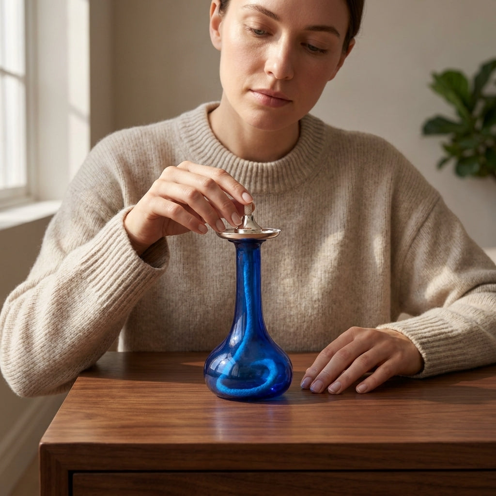 Cobalt Blue Long Neck Glass Oil Lamp — Silver & Gold