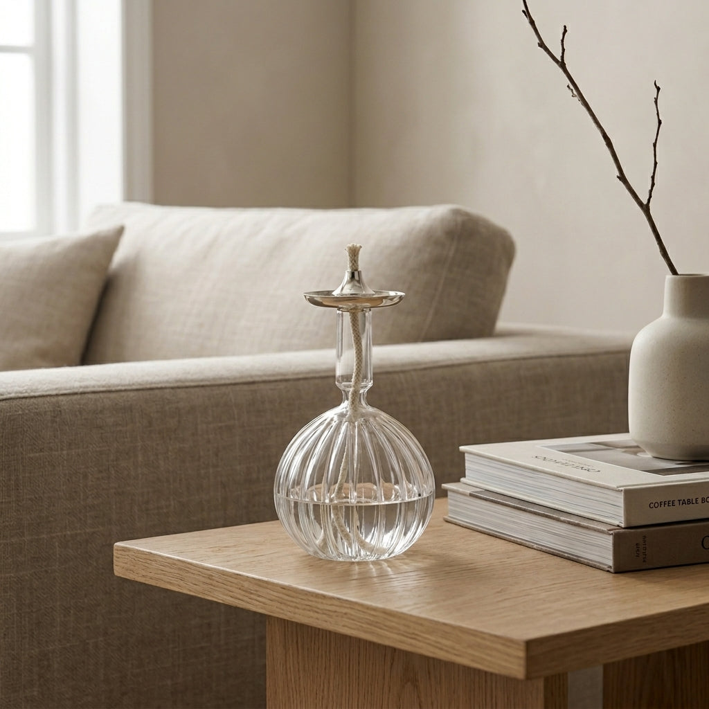 Ribbed Globe Glass Oil Lamp — Silver & Gold