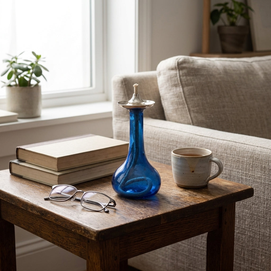 Cobalt Blue Long Neck Glass Oil Lamp — Silver & Gold