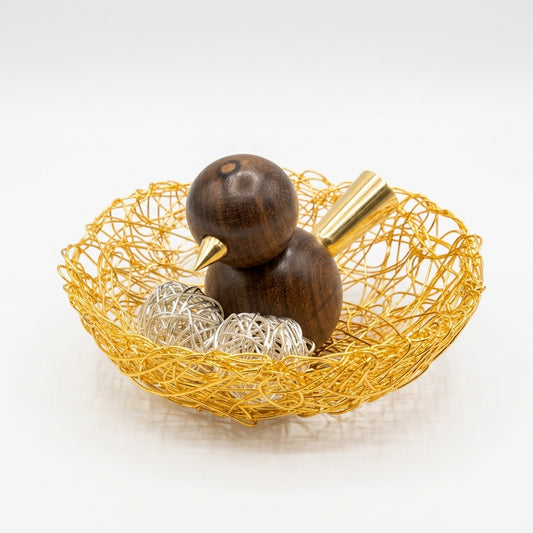 Handcrafted Solid Wood Bird in Golden Wire Nest Sculpture