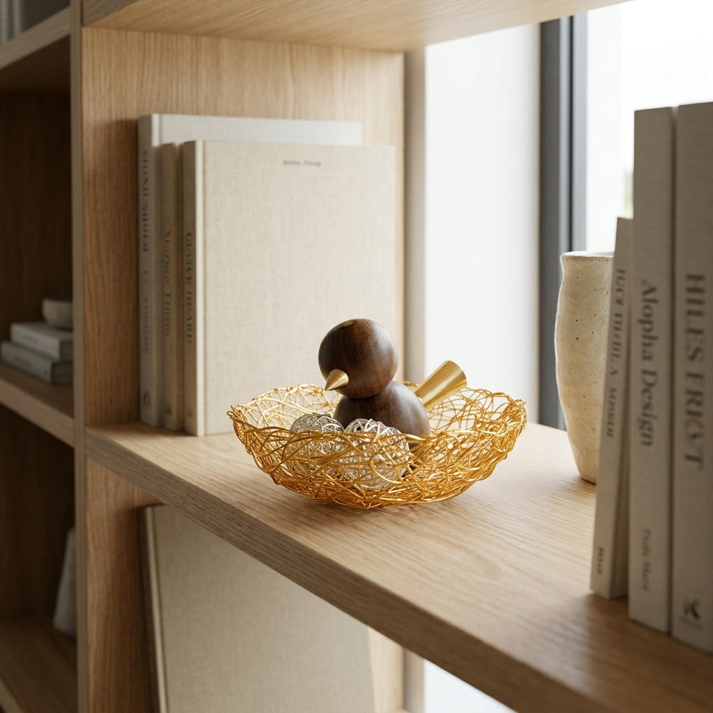Handcrafted Solid Wood Bird in Golden Wire Nest Sculpture