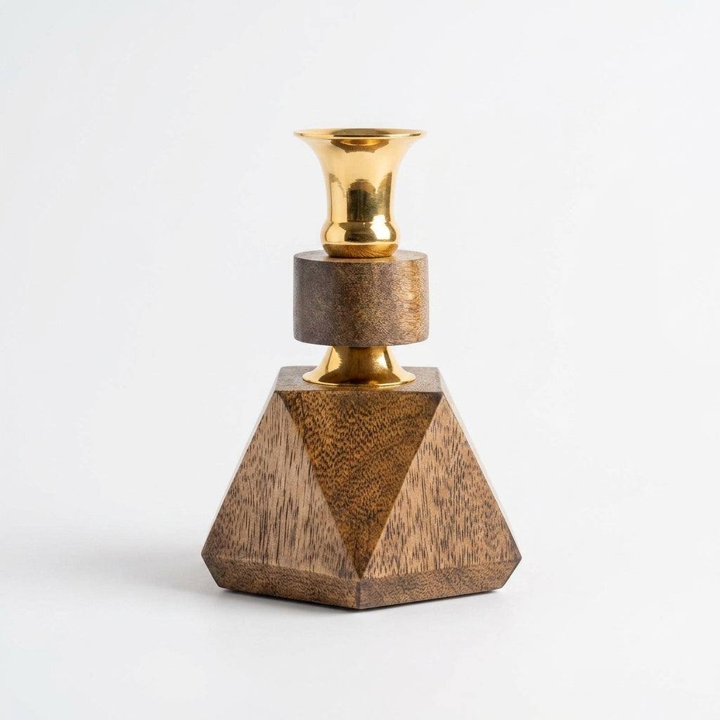 Diamond Faceted Mango Wood & Brass Geometric Candleholder