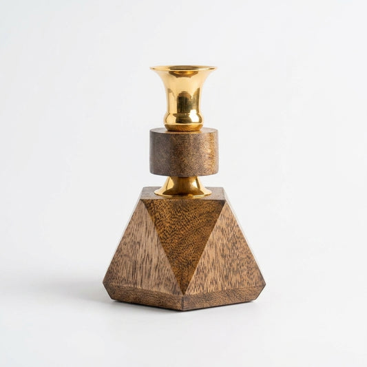 Diamond Faceted Mango Wood & Brass Geometric Candleholder