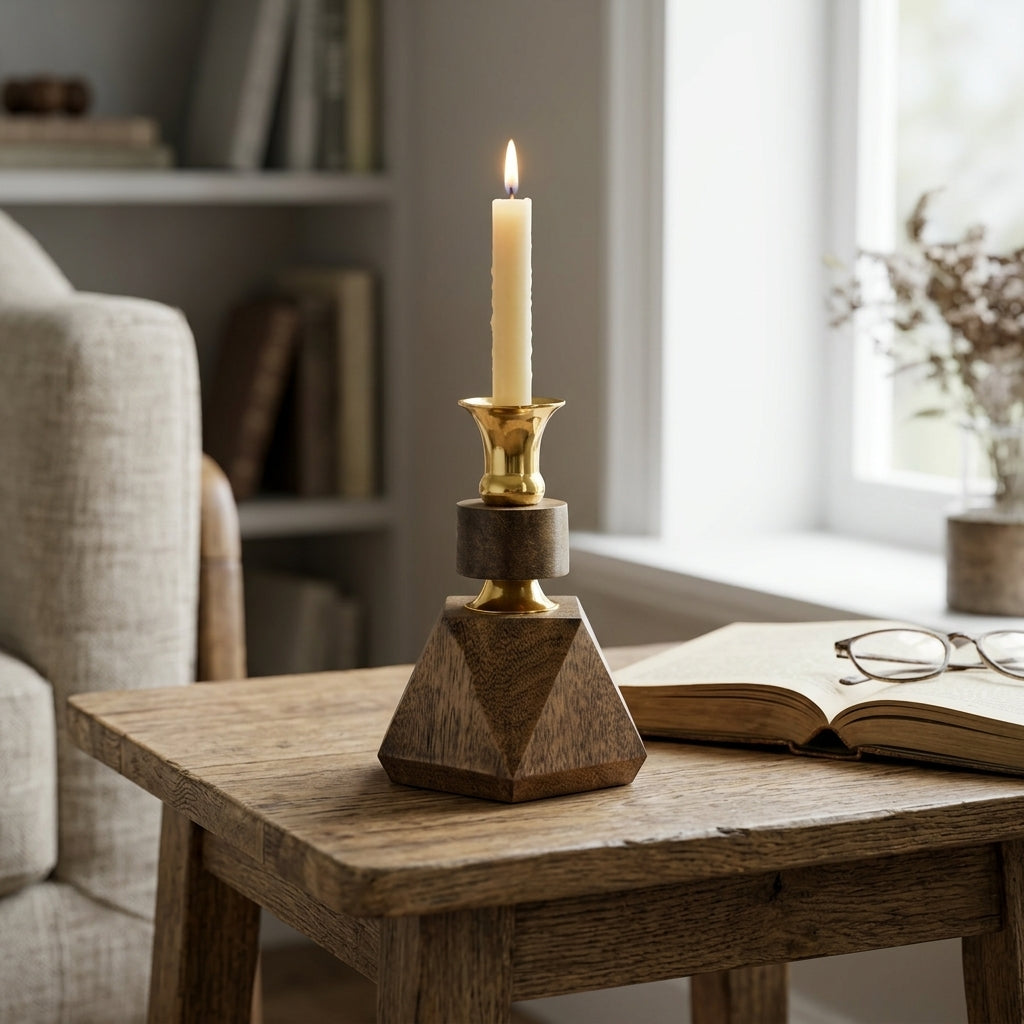 Diamond Faceted Mango Wood & Brass Geometric Candleholder