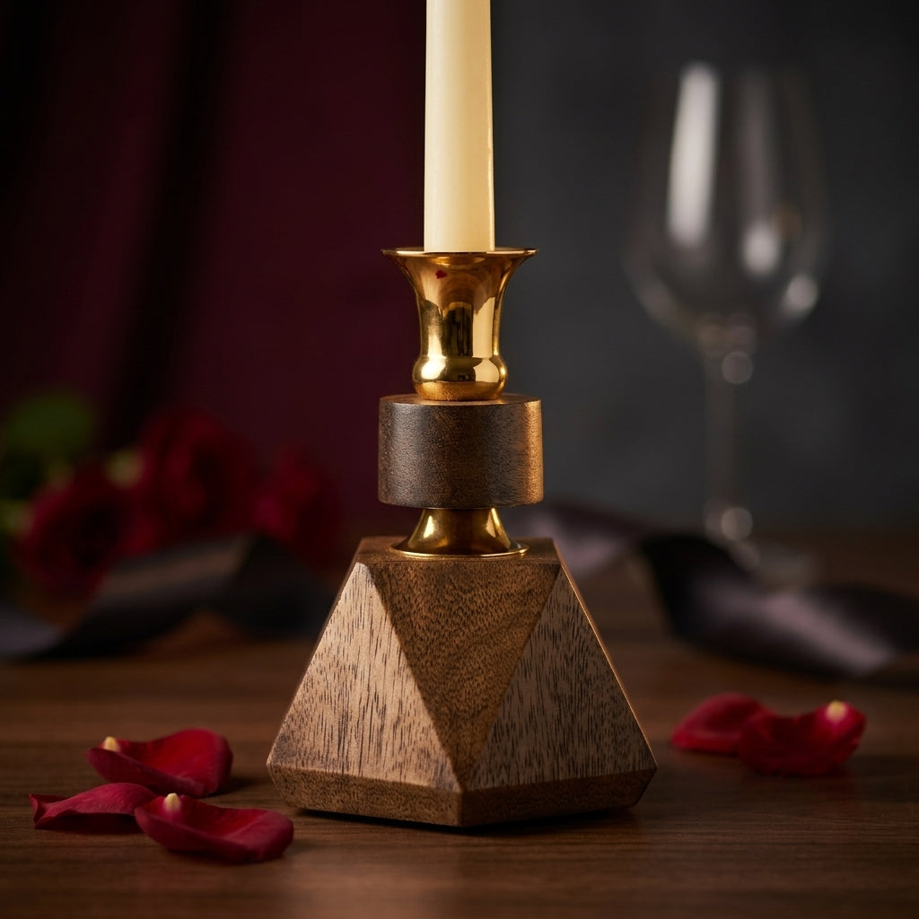 Diamond Faceted Mango Wood & Brass Geometric Candleholder