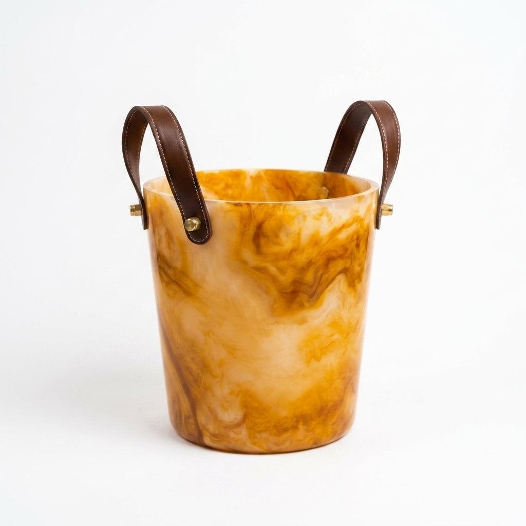 Marbled Resin Ice Bucket with Leather Handles & Brass Rivets