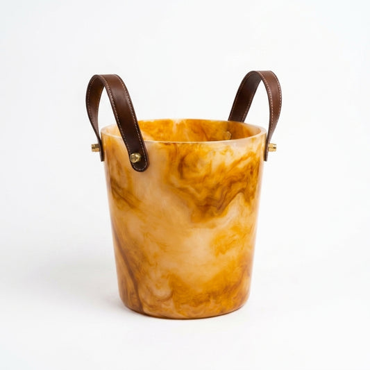 Marbled Resin Ice Bucket with Leather Handles & Brass Rivets
