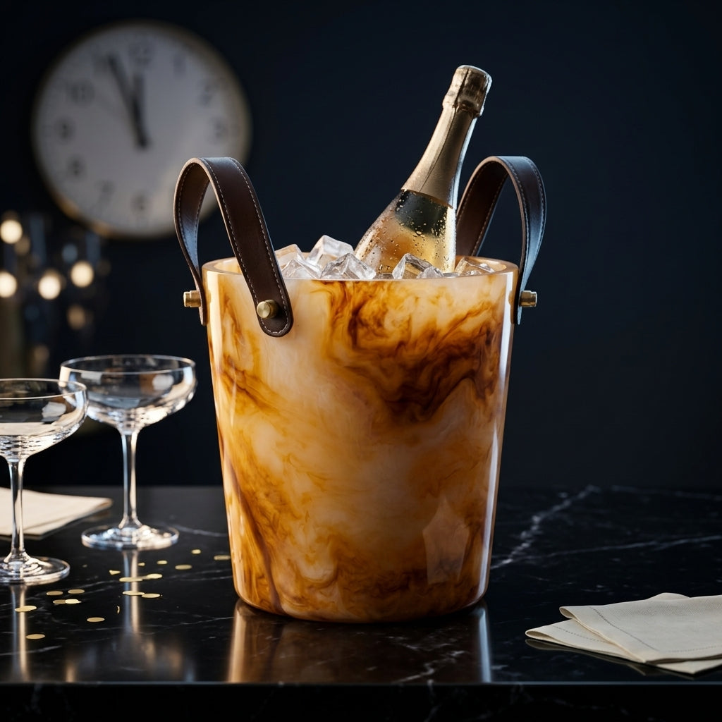 Marbled Resin Ice Bucket with Leather Handles & Brass Rivets