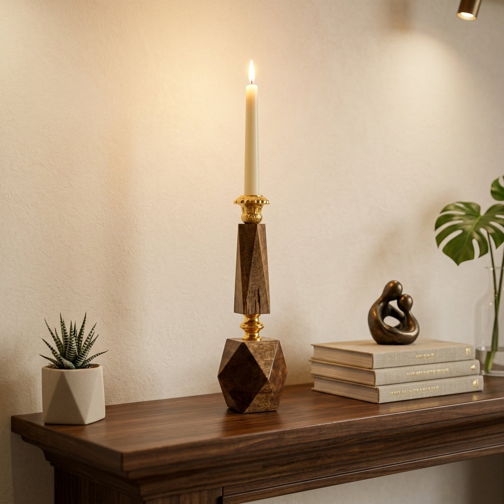 Hexagonal Mango Wood & Brass Pillar Candleholder