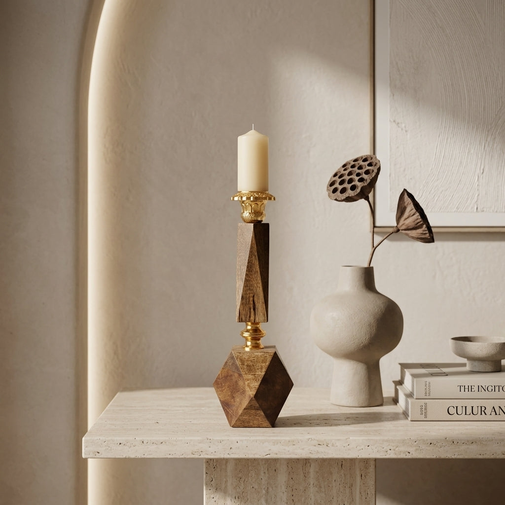 Hexagonal Mango Wood & Brass Pillar Candleholder