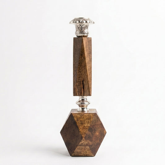 Hexagonal Mango Wood & Brass Pillar Candleholder