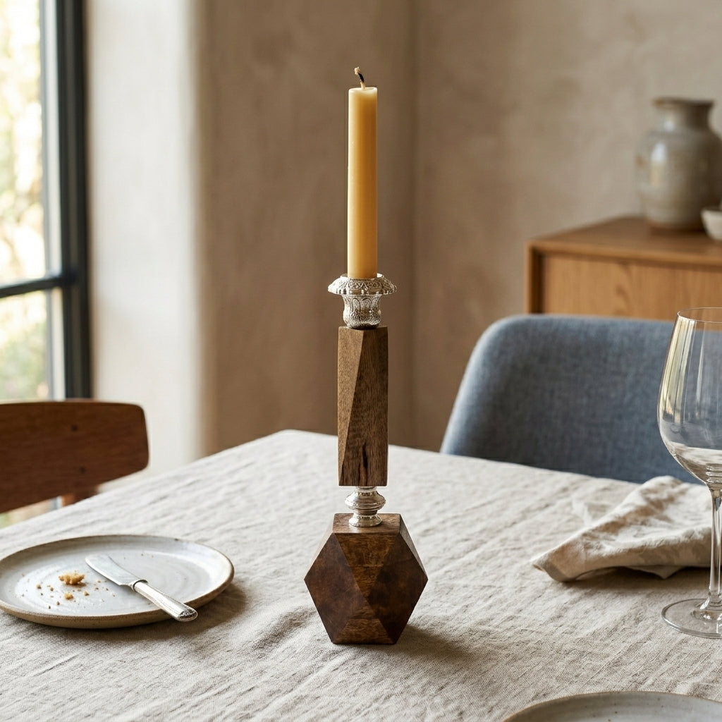 Hexagonal Mango Wood & Brass Pillar Candleholder