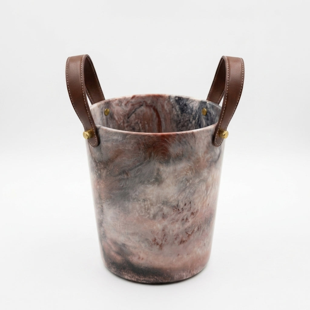 Marbled Resin Ice Bucket with Leather Handles & Brass Rivets