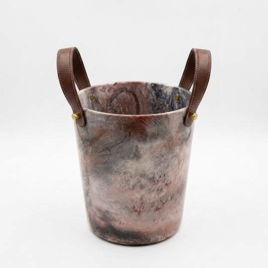 Marbled Resin Ice Bucket with Leather Handles & Brass Rivets