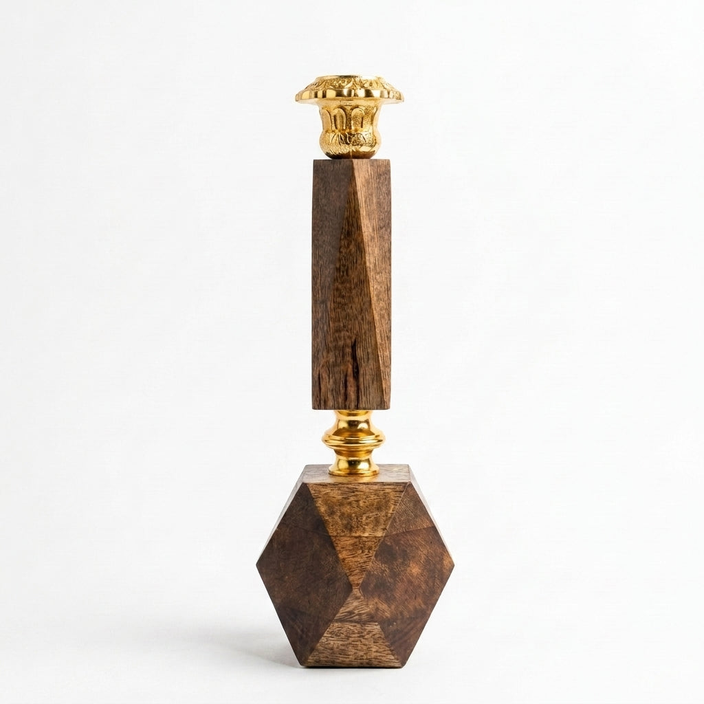 Hexagonal Mango Wood & Brass Pillar Candleholder