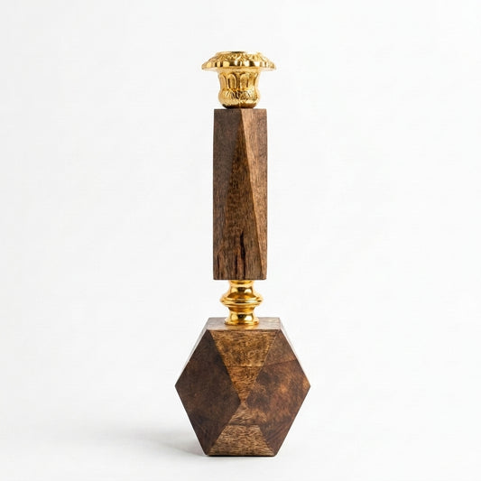 Hexagonal Mango Wood & Brass Pillar Candleholder