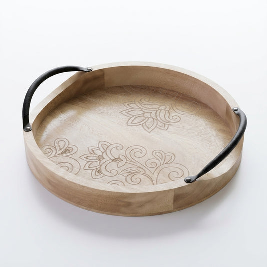 Hand-Engraved Lotus & Paisley Mango Wood Round Serving Tray
