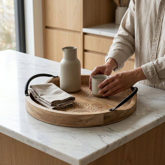 Hand-Engraved Lotus & Paisley Mango Wood Round Serving Tray