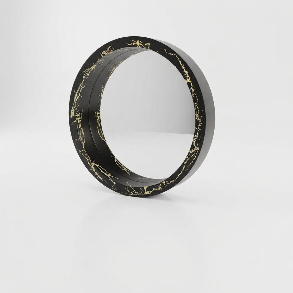 Black & Gold Marble Effect Round Wall Mirror