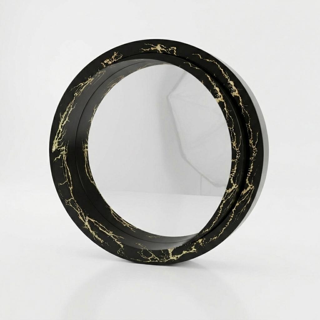 Black & Gold Marble Effect Round Wall Mirror