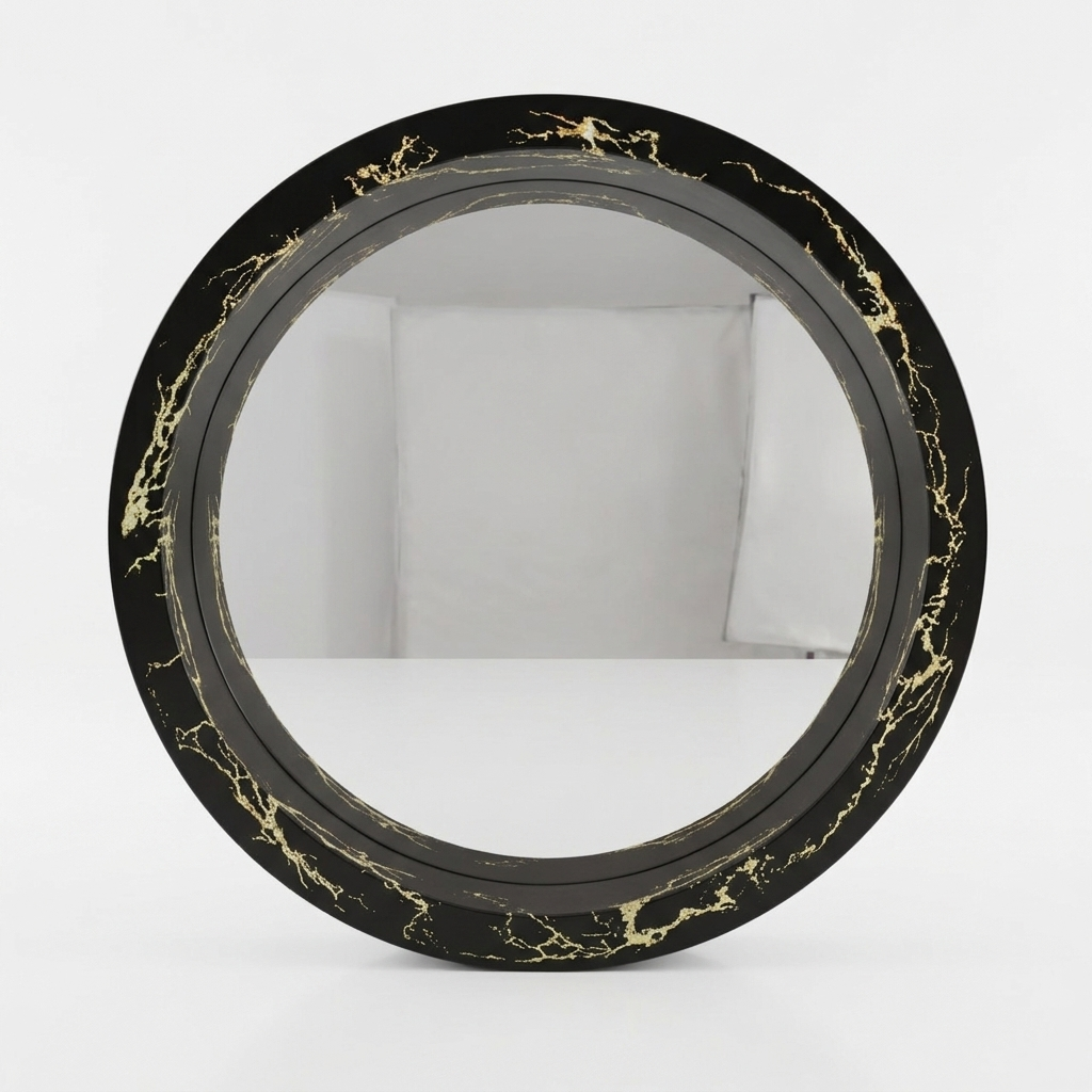 Black & Gold Marble Effect Round Wall Mirror