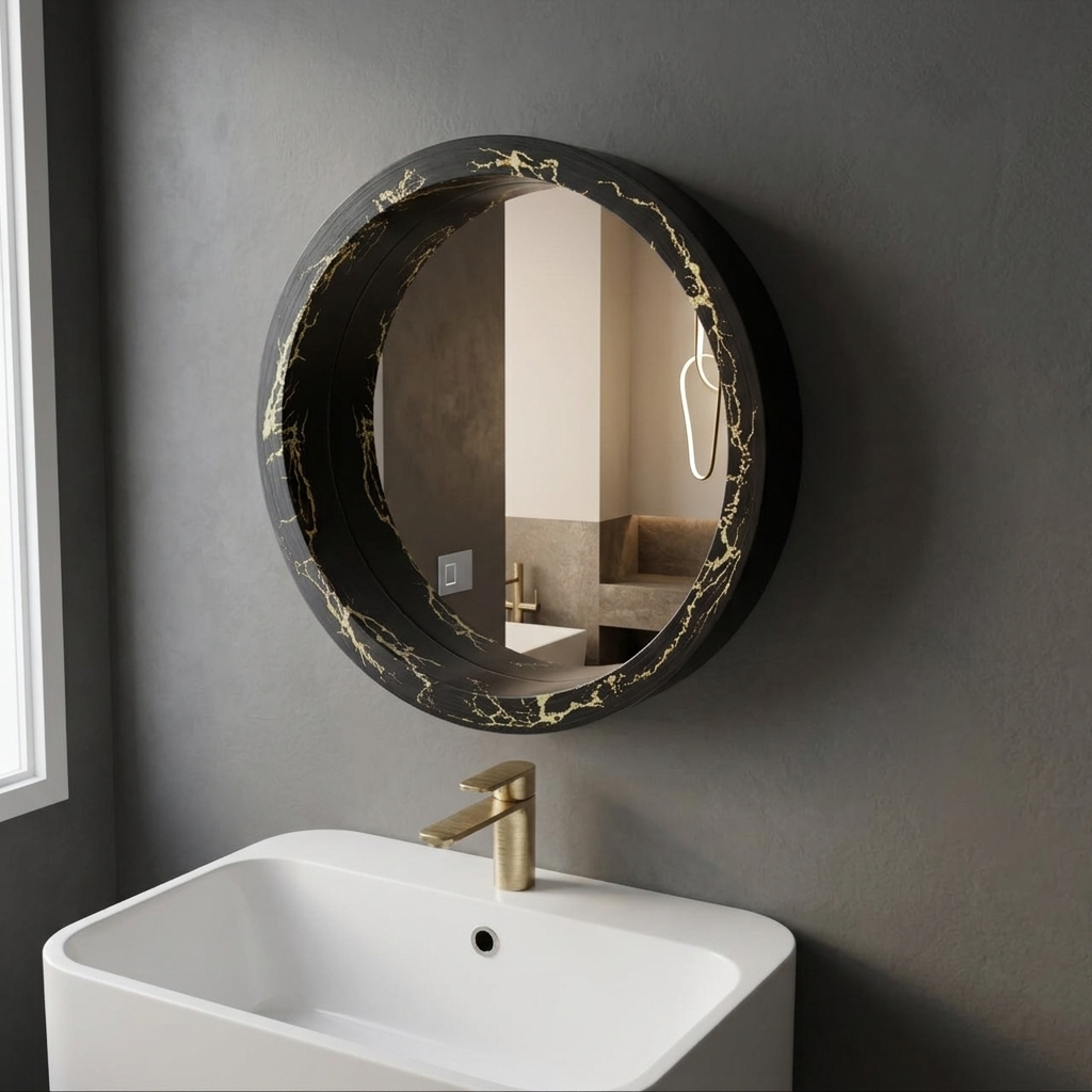 Black & Gold Marble Effect Round Wall Mirror