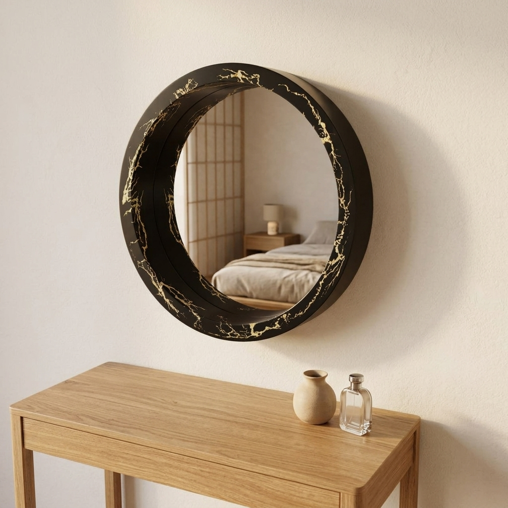 Black & Gold Marble Effect Round Wall Mirror