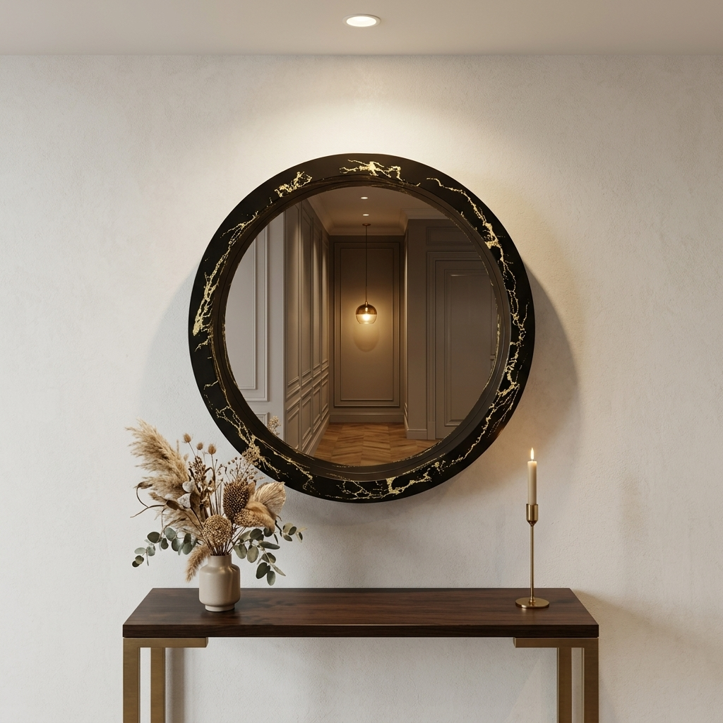 Black & Gold Marble Effect Round Wall Mirror