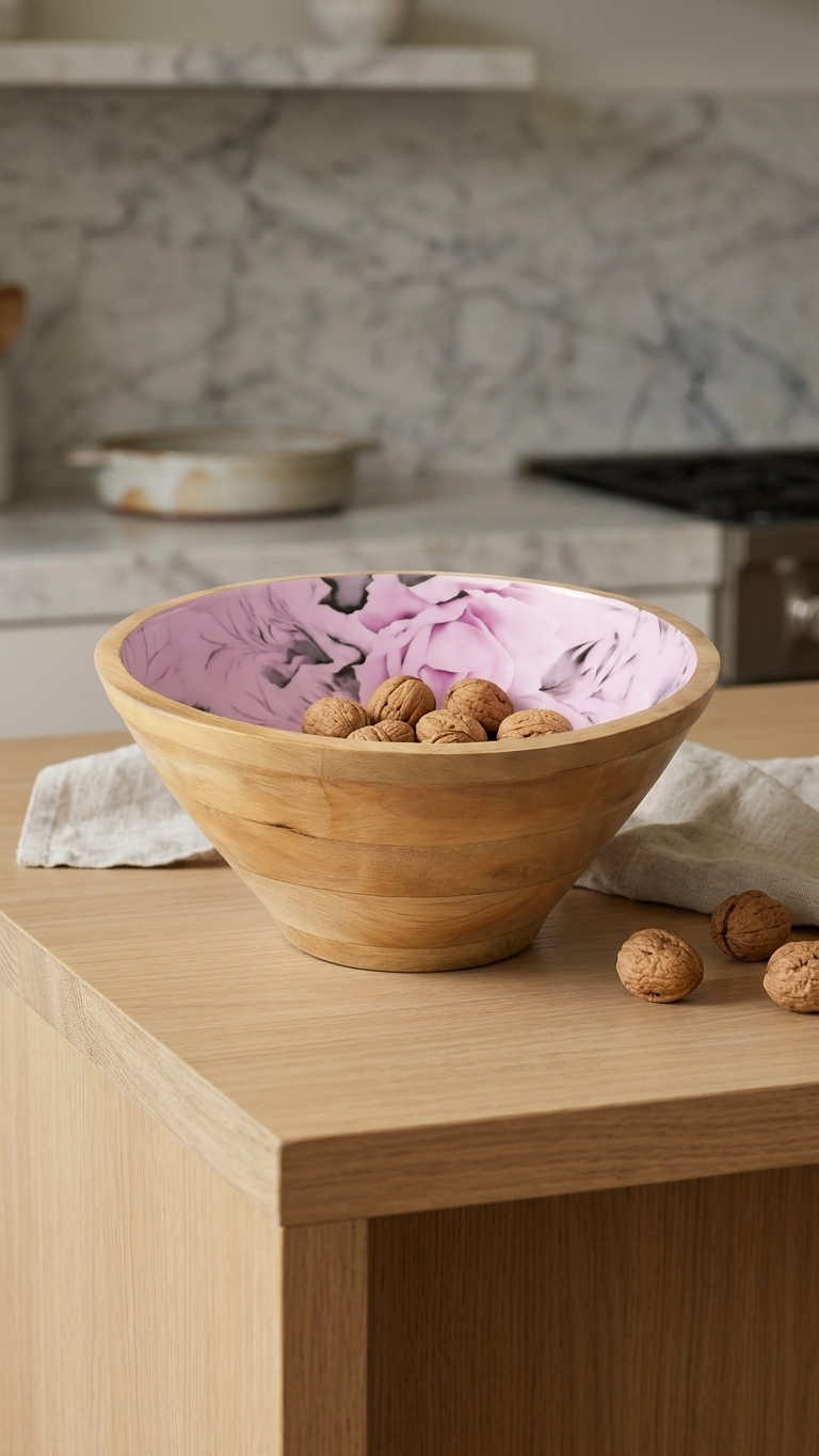 Handcrafted Wood & Floral Resin Art Bowl — Rose Blossom