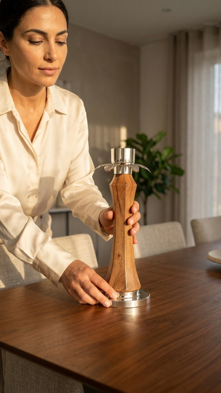 Geometric Faceted Wood & Silver Flower Candle Holder