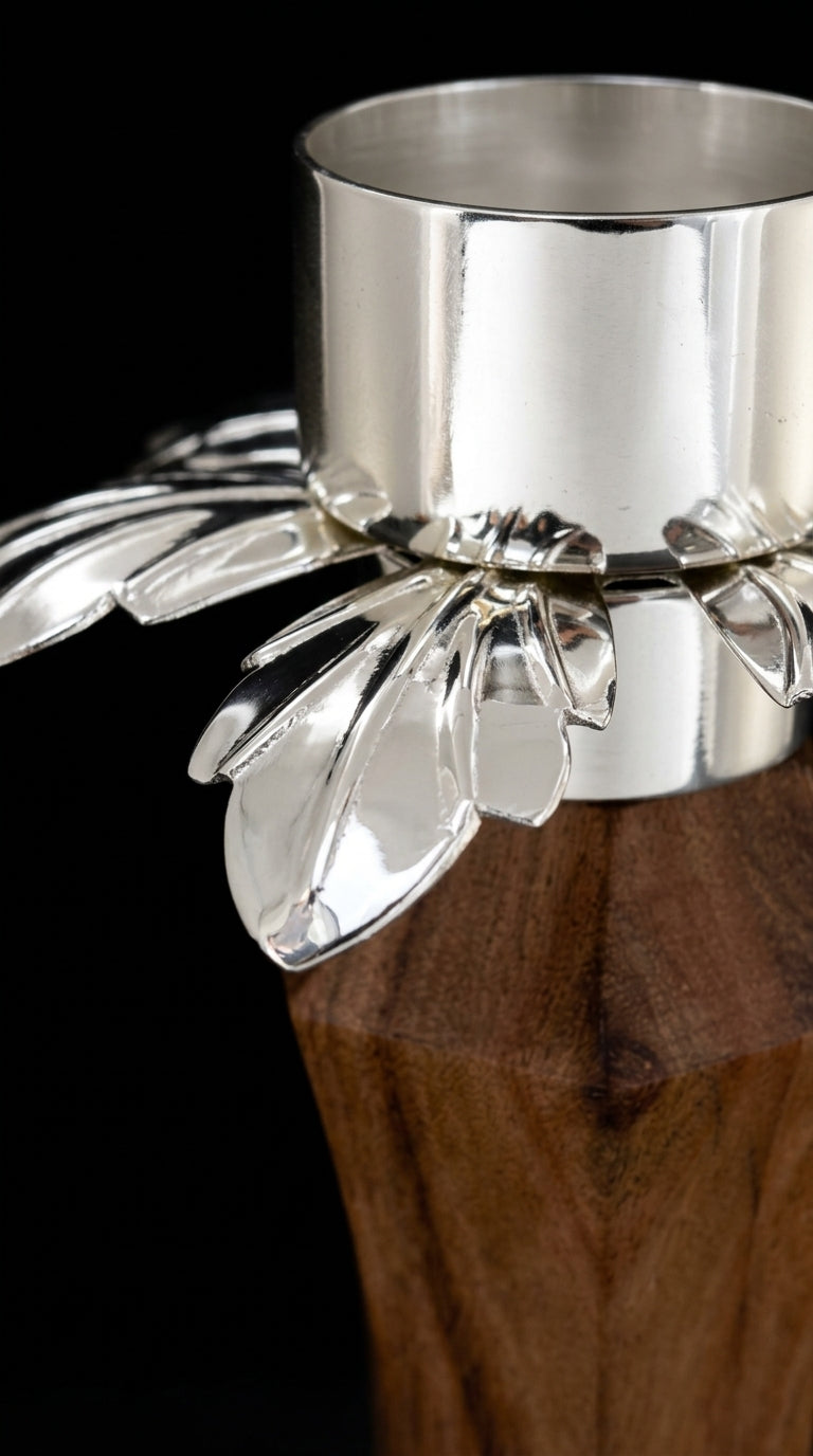 Geometric Faceted Wood & Silver Flower Candle Holder