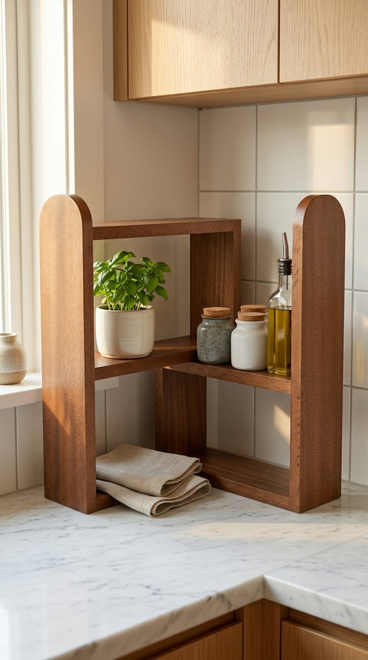 Arch Panel Staggered Two Tier Corner Shelf Organizer