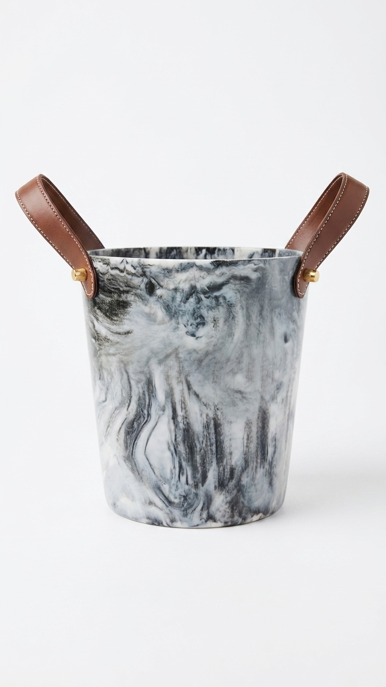 Marbled Resin Ice Bucket with Leather Handles & Brass Rivets