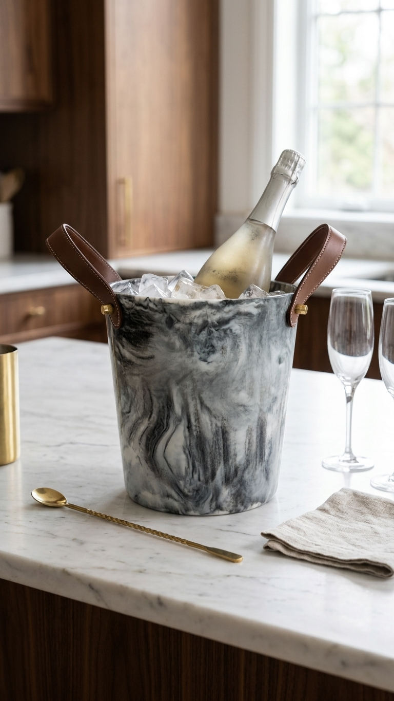 Marbled Resin Ice Bucket with Leather Handles & Brass Rivets