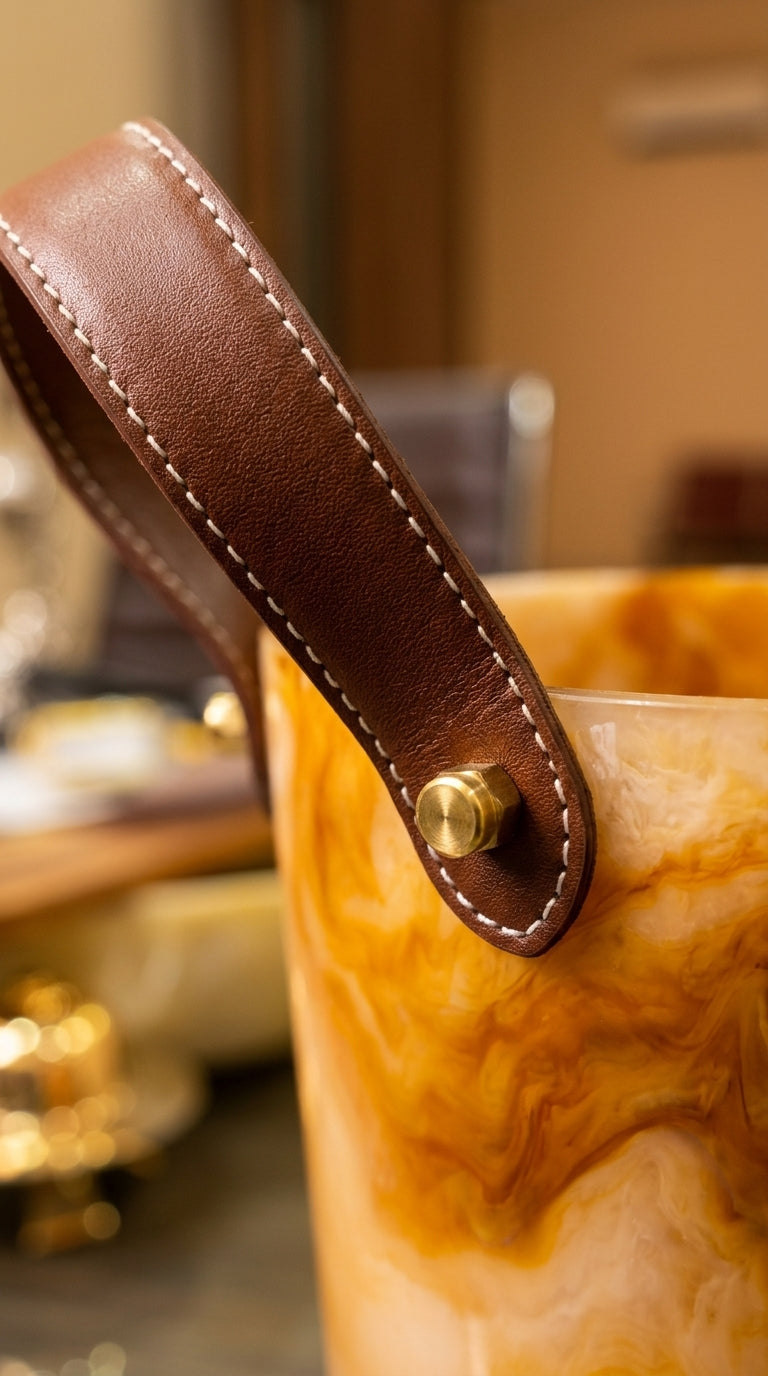 Marbled Resin Ice Bucket with Leather Handles & Brass Rivets