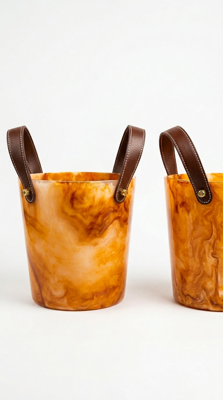 Marbled Resin Ice Bucket with Leather Handles & Brass Rivets